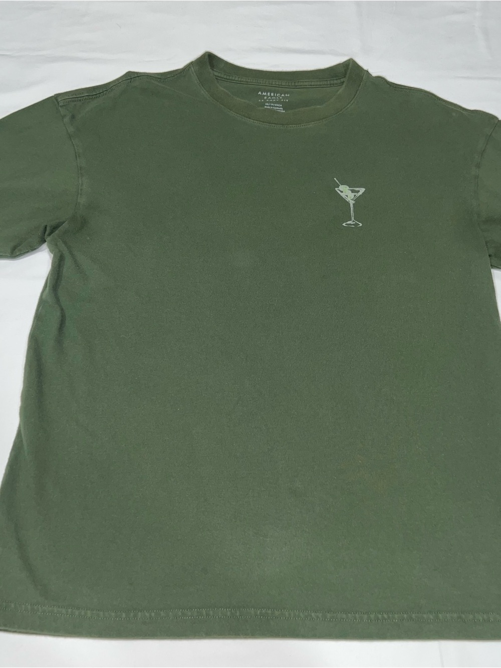 American Eagle Outfitters Olive Green Crew Neck Tee with Martini Graphic